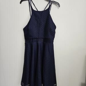 NWT Dear Moon Navy Blue Cocktail Dress Jr sz 11 Sheer Striped Shell Over Solid